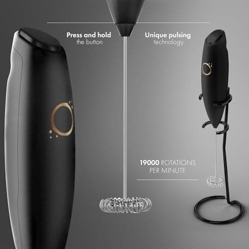 Milk Frother Matte Black - Coffee Frother Handheld with Electric Whisk - 19000 rpm - Book Recipes and Stainless Steel Stand Included - Hand Mixer Electric (Matte Black Onyx) — view 4