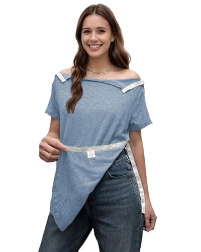 DOSWODE Post Shoulder Surgery Shirts for Women Tear Away Side Snap Short Sleeve Chemo Port Shirts Adaptive Clothing, Light Blue, Medium — view 3