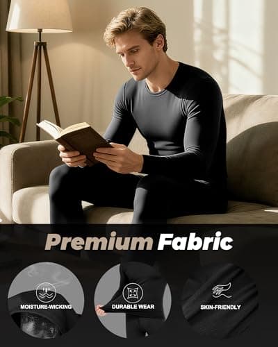 Thermal Underwear for Men Long Johns Set Fleece Lined Winter Cold Weather-Black L — view 4