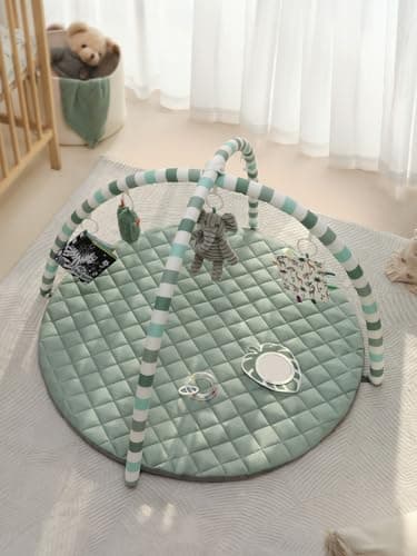 Baby Play Gym Mat, Tummy Time Activity Mat with 6 Detachable Toys for Stage-Based Sensory and Motor Skill Development, Washable Play Mats for Infant, Newborn Baby Essentials, Sage Green