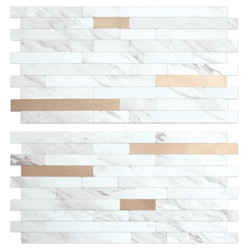 AULIGET 20 Sheets Faux Stone White Marble Peel and Stick Backsplash, PVC Mixed Metal Champagne Gold Wall Tile Stick on Backsplash for Kitchen and Bathroom