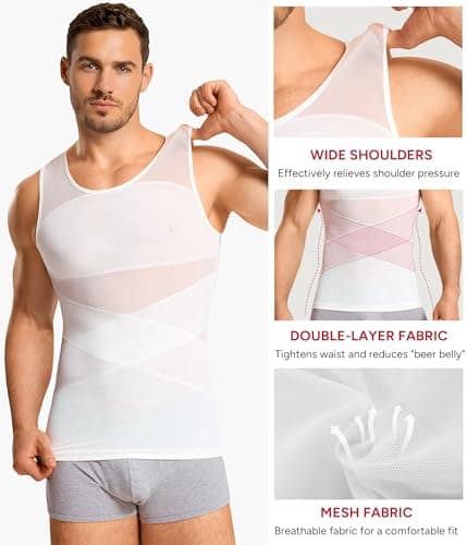 Nebility Mens Compression Shirt - Slimming Undershirts Body Shaper Vest Mesh Shapewear Tummy Control Tank Tops White — view 2