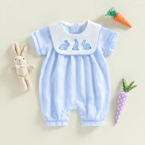 Baby Boy Easter Romper Clothes Short Sleeve Bunny Embroidery Jumpsuit Newborn Playsuit Outfits (Blue, 0-3 Months) — view 2