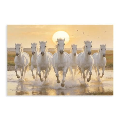 Seven Horses Running with Sunrise Art Wall Painting, 7 White Horse.4 Canvas Poster Wall Art Print - Bedroom Office Bathroom Living Room Decor Unframe-style12x18inch(30x45cm)