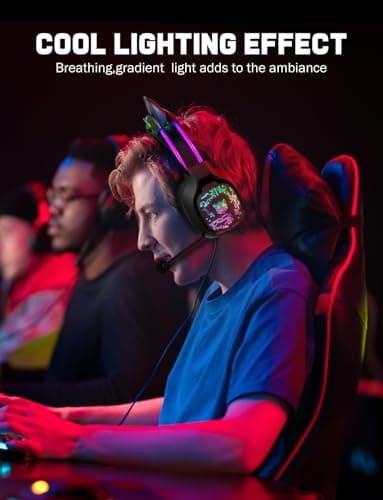 ONITOON Gaming Headset with Microphone, RGB Lights, Detachable Cat Ear, Lightweight Over-Ear Headphones with Adjustable Headband for PC, PS4, PS5, Mac, Switch, Surround Sound, in-Line Control, Black — view 2