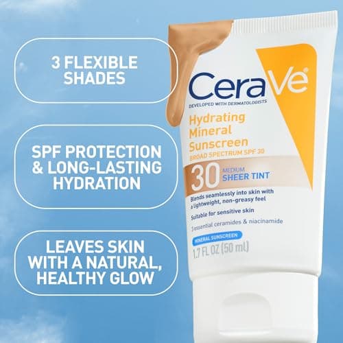 CeraVe Hydrating Mineral Sunscreen SPF 30 with Sheer Tint, Tinted Mineral Sunscreen with Zinc Oxide & Titanium Dioxide, Blends Seamlessly For Healthy Glow, Medium, 1.7 Fluid Ounce — view 5