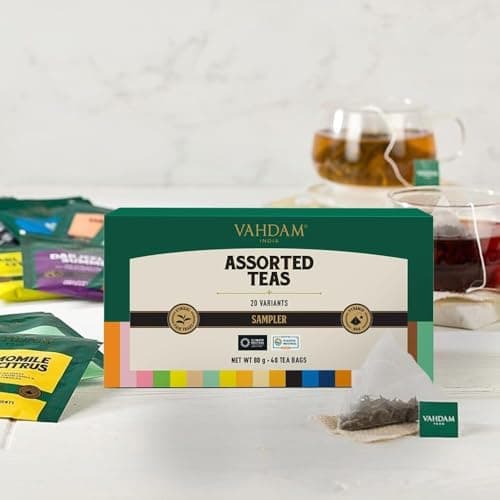 VAHDAM, Assorted Tea Sampler (20 Delicious Variety, 40 Individually Wrapped Pyramid Teabags) Long Leaf Premium Teas I Tea Gift Set I Gift Ideas for Lovers | Gifts for Him/Her — view 4