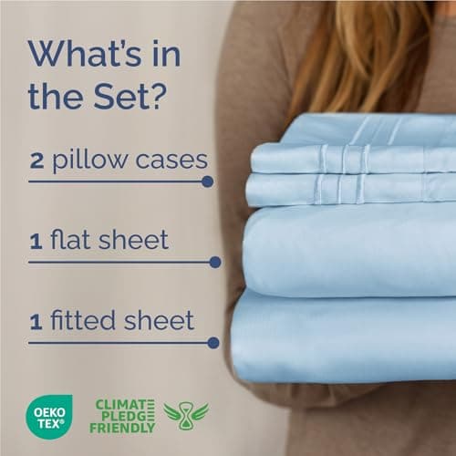 Full Size 4 Piece Sheet Set - Comfy Breathable & Cooling Sheets - Hotel Luxury Bed Sheets for Women & Men - Deep Pockets, Easy-Fit, Soft & Wrinkle Free Sheets - Light Blue Oeko-Tex Bed Sheet Set