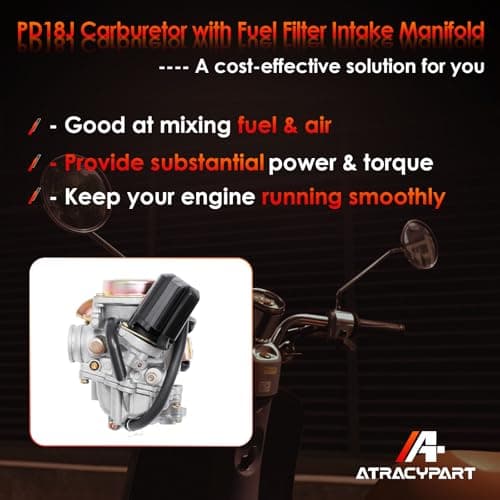 PD18J Carburetor 18mm Replacement for GY6 49cc 50cc 80cc 139QMB 139QMA 4 Stroke Moped Engine for Taotao Kymco Scooter with Fuel Filter Spark Plug Intake Manifold — view 3