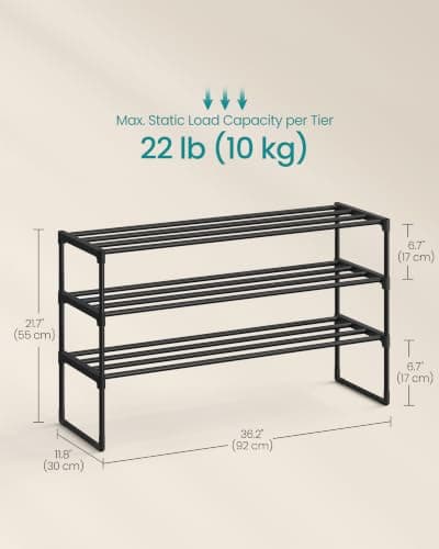 SONGMICS Shoe Rack, 3-Tier Shoe Organizer, Sturdy Storage Shelf, Upright or Upside Down, for 16-20 Pairs, Stackable, for Entryway, 30 x 92 x 55 cm, Black ULSA303B02 — view 2