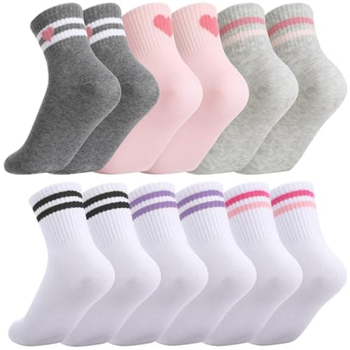 Guigui 6 Pairs Kids Cotton Crew Socks with Heart Stripes for Girls Boys 3-12