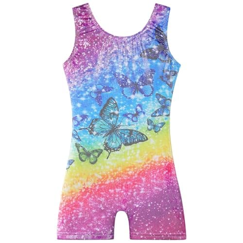 BAOHULU Gymnastics Leotards for Girls Kids Sparkle Tank Biketards with Shorts Dance Outfit, Rainbow Butterfly, 6-7 Years
