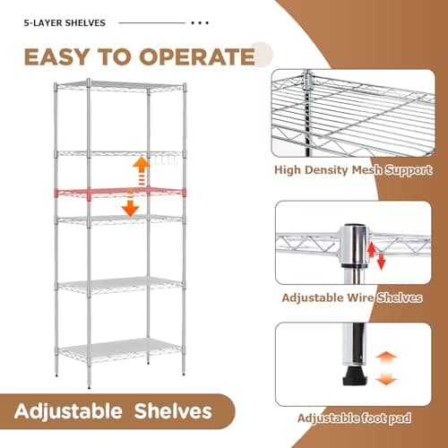 FDW 5-Tier Metal Wire Garage Storage Rack Shelf Unit for Garage/Kitchen,with Wheels,Chrome — view 5