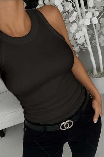 ZAWAPEMIA Women Tank Tops Round Neck Sleeveless Cami Shirt Slim Solid Ribbed Tank Top M Black — view 2