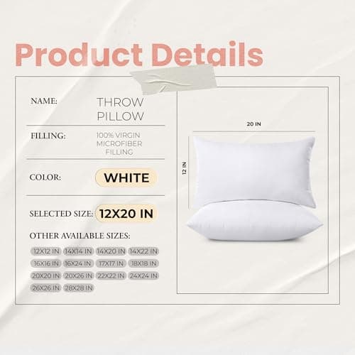 Utopia Bedding 12x20 Pillow Inserts, Set of 2, White – Indoor Decorative Throw Pillows for Bed, Sofa & Couch – Soft, Supportive & Fluffy Cushion Inserts — view 7