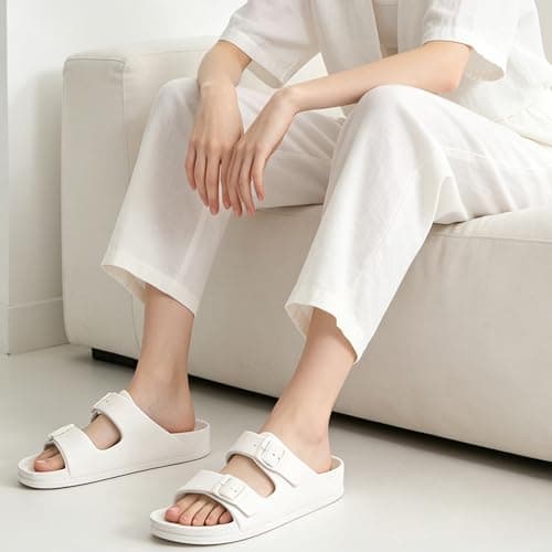 FUNKYMONKEY Women's Comfort Slides with Arch Support, Non-Slip Lightweight Foam Slip-on Flat Beach Sandals with Adjustable Buckle for Vacation & Everyday Wear(8 M US-Women, White)
