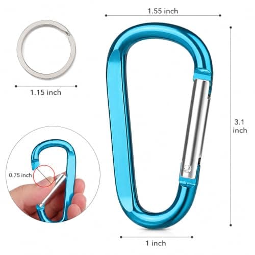12PCS Carabiner Caribeaner Clip,3" Large Aluminum D Ring Shape Carabeaner with 6PCS Keyring Keychain Hook, 6 Colors