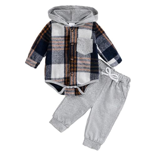 LUJENGEFA Baby Boy Outfits Tracksuit Plaid Button Down Hoodie Tops Pants Trousers Jogger Toddler 2Pcs Clothes Set Light Gray 0-3 months