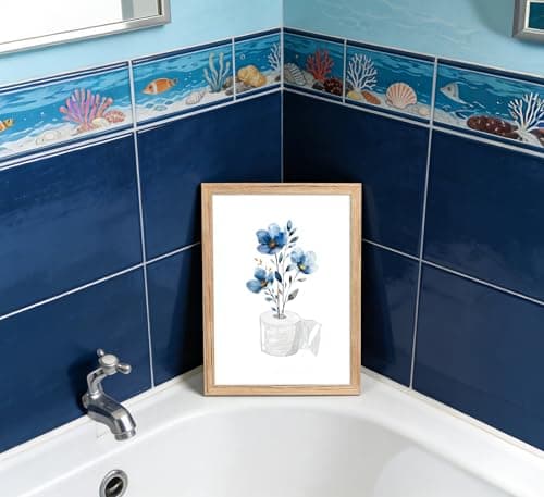 Framed bathroom Canvas Wall Art with blue flowers embellishing toilet paper Painting Picture Wall Decor elegant floral bathroom Poster Print Artwork forliving room bedroom restroom Home Decoration — view 6