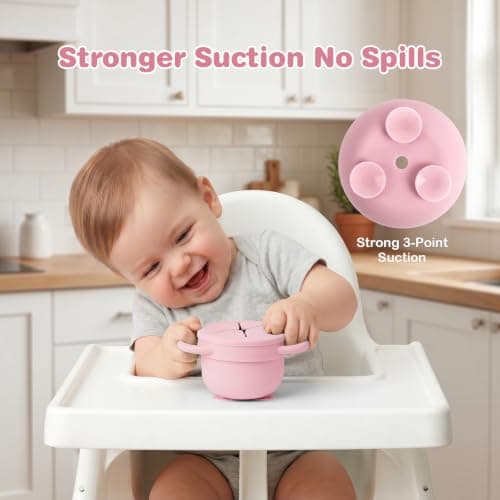 Daximo 2 Pack Toddler Snack Cups with Suction Base — 4-in-1 Detachable Stainless Steel Cups, Snack Cups for Toddlers Spill Proof with Silicone Lids & Handles (Matte Off White and Matte Pink) — view 3