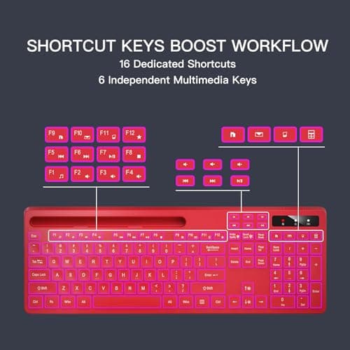 Soueto Wireless Keyboard with 7-Color RGB Backlit, Full-Size Computer Keyboard with Phone Tablet Holder, 2.4G Rechargeable Gaming Keyboard with Light Up Keys, Compatible with Mac, Windows (Red) — view 4