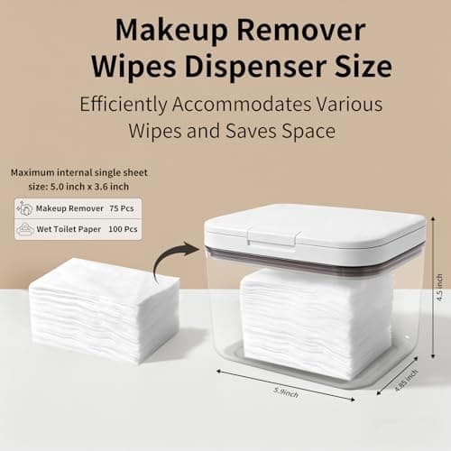 Double-Seal Protection Makeup Wipes Container, Clear Flushable Wipes Dispenser, One-Hand Open Makeup Remover Wipes Dispenser Keeps Wet Wipes Fresh for Bathroom (White)