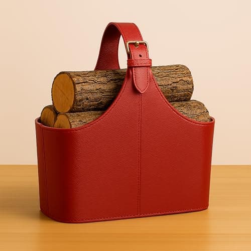 Genuine Leather Firewood Log Carrier, Brown, 22x10x14 Inches, Heavy Duty Wood Tote with Adjustable Buckle Handle for Fireplace and Fire Pit — view 3