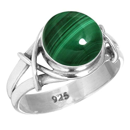 JEWELOPORIUM Green Malachite Silver Ring Size 13, 925 Sterling Silver Ring for Women, Real Round Gemstone Boho Jewelry