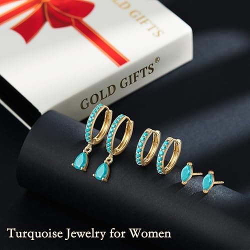 GoldGifts Turquoise Earrings - Western Beachy Boho Jewelry Gift, Hypoallergenic 14K Gold Plated Small Huggie Hoop Set for Women, Dainty Lightweight Trendy Stack Dangle Studs for Cartilage Helix — view 6