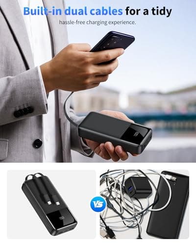 Power Bank Portable Charger 40000mAh, 22.5W Fast Charging, Built-in 2 Output Cable, Charge 5 Devices Simultaneously LCD Display for iPhone and Android Phones and Most Electronic Devices — view 3