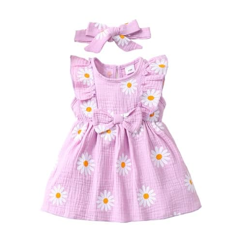 LUJENGEFA Baby Girl Dress Summer Outfits Clothes Casual Cotton Linen Ruffle Sleeveless Sundress Purple 3-6 months