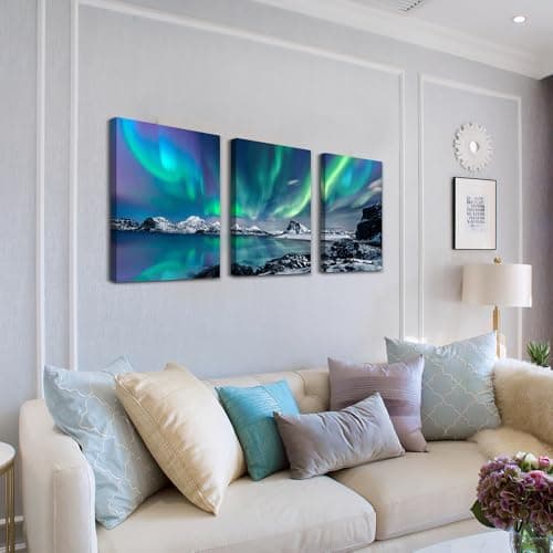 farmhouse Wall Art Aurora Scenery Painting on Canvas Wall decorations for living room Stretched and Framed Canvas Paintings 3 piece bedroom bathroom wall decor Ready to Hang for office Home Decor art