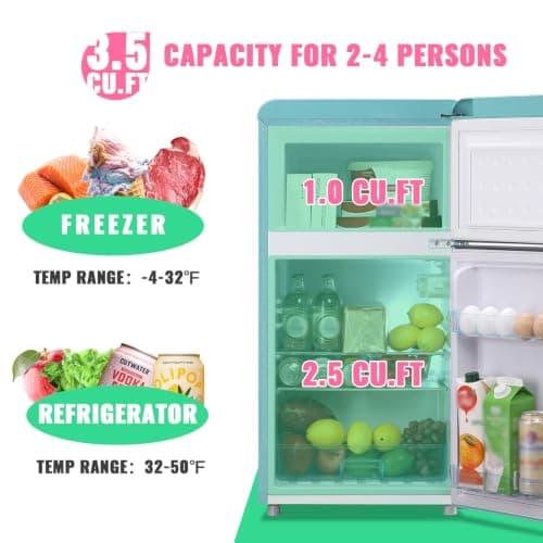 DEMULLER Retro Mini Fridge with Top Freezer 100L Small Refrigerator with Two Doors & Two Handles Dorm Fridge with 7 Temperature Settings Spacous Capacity & Ideal Size Blue