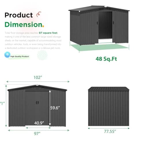 U-MAX Shed 6' x 8' Outdoor Storage Shed with Sliding Door, Outdoor Tool Shed Cabinet, Metal Garden Sheds for Yard, Outdoor Storage Clearance in Dark Grey — view 3