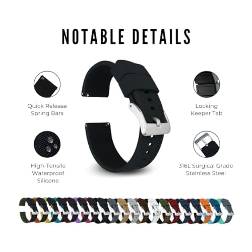 Barton Elite Silicone Watch Band (20mm) | Quick Release Premium Silicone Strap with Stainless Steel Buckle | Compatible with Classic & Smart Watches | Comfortable, Durable, Stylish, Waterproof - Black — view 3