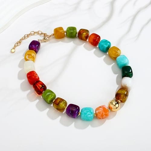 WOWORAMA Colorful Beaded Necklace for Women Trendy Colored Chunky Statement Necklaces Boho Large Square Resin Beads Choker Necklace Y2K Summer Jewelry — view 3