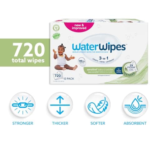 WaterWipes Sensitive+ Baby & Toddler Wipes, 3-In-1 Cleans, Cares, Protects, 99.9% Water, Textured Clean, Unscented & Hypoallergenic, 720 Count (12 Packs) — view 2