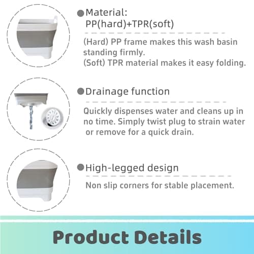 GIMWA Collapsible Wash Basin with Drain Plug - 2.4 Gallon Foldable Kitchen Sink for Baby Bottles, RV Camping, Space-Saving Dish Tub (Gray) — view 2