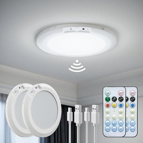 FIONSUN Motion Sensor Light Indoor, Rechargeable Ceiling Light with Remote Control,10000mAh Battery Operated Closet Light,Magnetic LED Shower Lights (2 Pack)