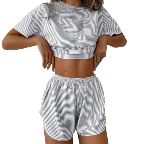 Ekouaer Womens Striped Pajama Sets Sexy Lounge Sets Side Split Short Pj Sets Cute Pjs 2 Piece Comfy Sleepwear Loungewear Gray-White Stripes X-Large