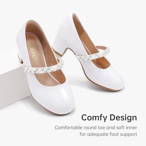 LAURMOSA White Dress Shoes Kids Girls Princess Heel Easter Church Flower Girl Shoes for Wedding Party Formal Girls Baptism Flats First Communion Shoe Size 1 Big Kids(CAL1039PaWhite 1) — view 5