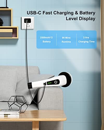 Leebein Electric Spin Scrubber, Cordless Cleaning Brush with 8 Replaceable Brush Heads, Tub and Floor Tile Power Scrubber Dual Speed with Adjustable & Detachable Handle for Bathroom Cleaning — view 3