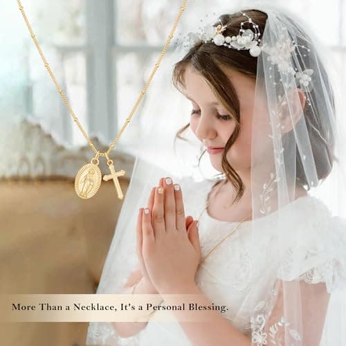 Jesvo Catholic First Communion Gifts for Girls, Virgin Mary Cross Charm Necklace 1st Holy Communion Decorations Gifts Ideas Christian Religious Jewelry for Teen Teenage Kids Age — view 4