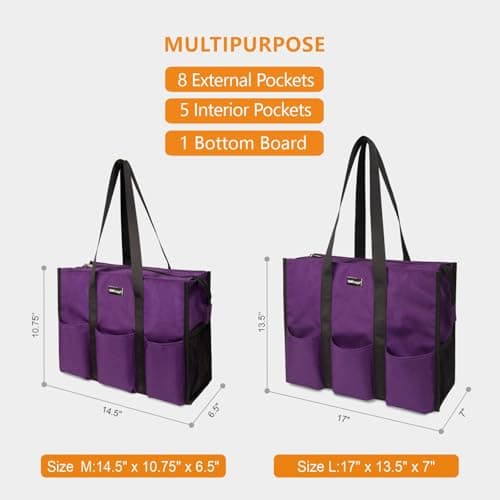 TOPDesign Utility Water Resistant Tote Bag with 13 Pockets, Top Zipper Closure & Thick Bottom Support, for Working Women, Purple, Large, Classic