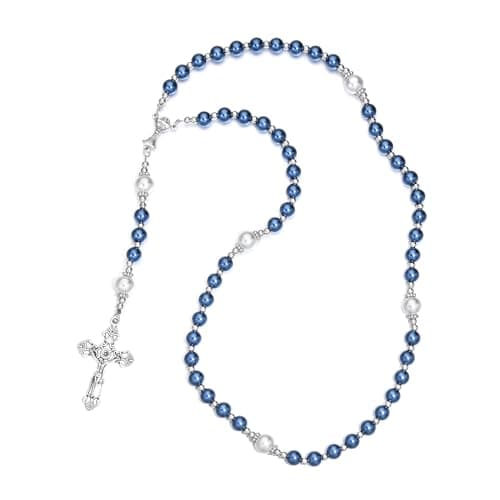 Merroyal First Communion Rosary with Glass Pearl Beads, Ornate Crucifix and Chalice Centerpiece, 18.5 Inches, Gift Box and Satin Bag Included, 18.5 Inches, Glass Pearl Metal Alloy Satin, glass bead