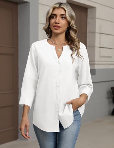 Zeagoo White Button Down Shirt Women 3/4 Sleeve Linen Button Up Blouse Cotton Tops Dressy Casual Outfits 2026 White L — view 2