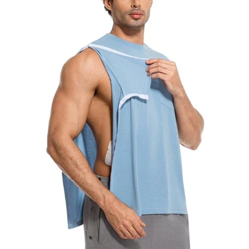 RefindWin Mens Post Shoulder Surgery Shirt Short Sleeve Tear Away Shirts Adaptive Clothing Men Chemo Port Shirts Blue XL