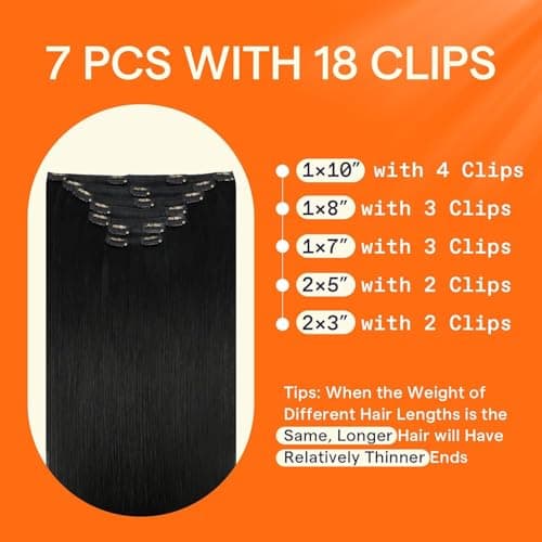 Full Shine Clip in Hair Extensions Human Hair, 1B Natural Black, 14 Inch, 120G, 7 Pcs, Double Weft Remy Brazilian Hair, Silky Straight Add Length and Volume, Office, Sleek Ponytail, Daily Wear — view 2
