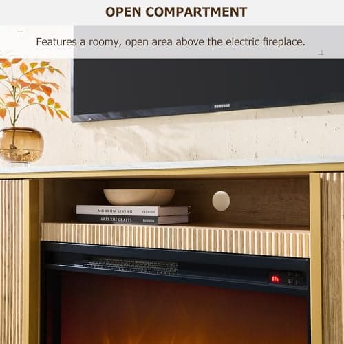 OKD Luxury 70" Fluted Fireplace TV Stand, Modern Chic Entertainment Center for TVs Up to 80 inches, TV Console with Faux Marble Top, Curved Profile Design, Media Console for Living Room, Natural Oak — view 3