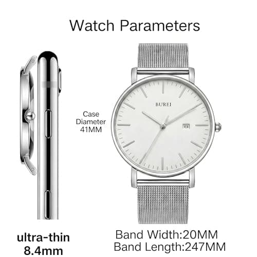 BUREI Ultra Thin Minimalist Men Watch, All Silver Stainless Steel Mesh Band,Analog Waterproof Casual Business Wristwatch, Gift for Father